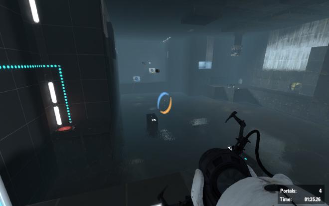 One of the test chambers in Portal 2. With objects flying toward you courtesy of GLaDOS.