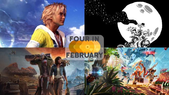 A collage of images from games - from top-left going clockwise, Final Fantasy X, Shadows Over Loathing, LEGO Horizon Adventures, and Star Wars Outlaws - with a logo reading Four in February in the center.