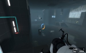 One of the test chambers in Portal 2. With objects flying toward you courtesy of GLaDOS.