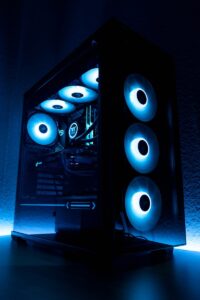 A gaming computer with blue lights