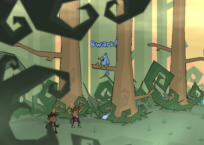 Time Gentlemen, Please! screenshot depicting a couple of characters in a forest with a bird saying "Bwark!" sitting on a tree.